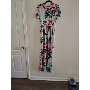 Ruiyige Womens Floral Maxi Dress Mint Green Pink Rose Print Elastic Waist Size M